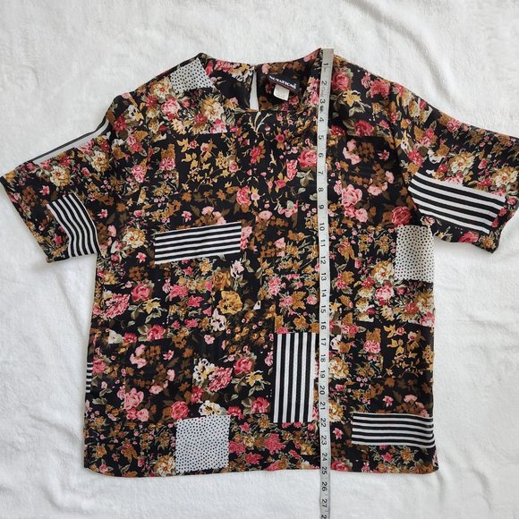 Vintage 90s Notations Black Floral Blouse Semi Sheer Stripes Short Sleeve Medium - Picture 15 of 16